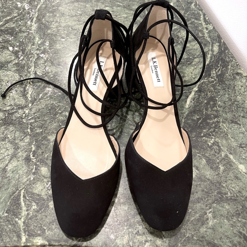 L.K. Bennett, d’orsey black genuine suede, never warn shoes.